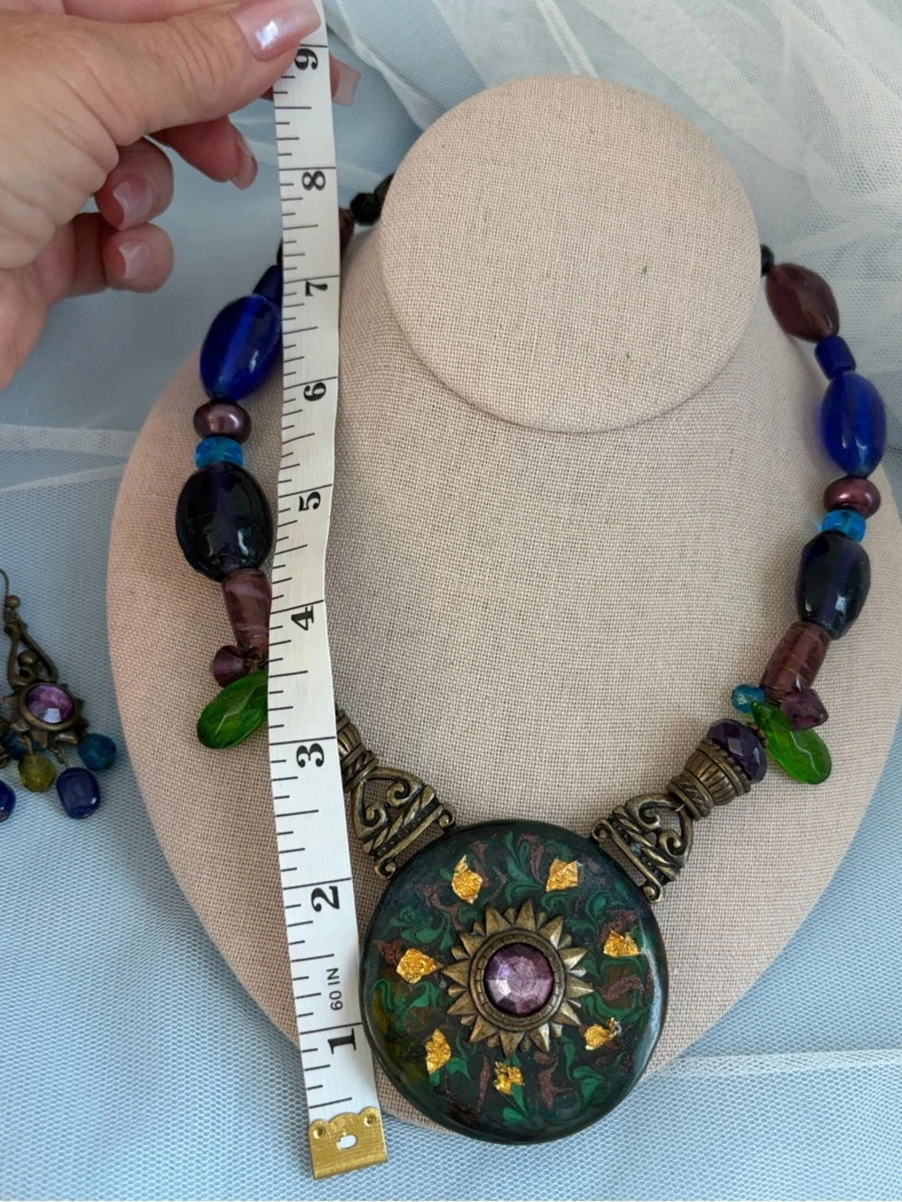 Chico's Green and Purple Statement Necklace with Matching Earrings Pierced